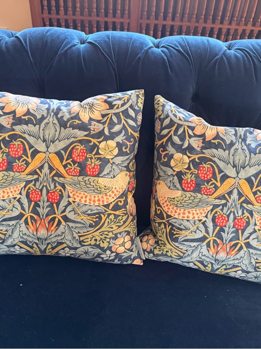 Pair of Bird & Strawberry Decorative Throw Pillows in Navy